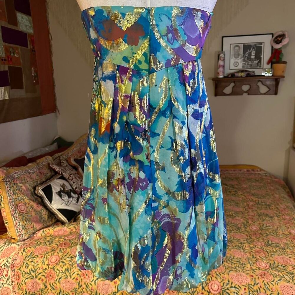 Caché Silk Turquoise and Gold Boho Bubble Mini Dress - Picture 3 of 8